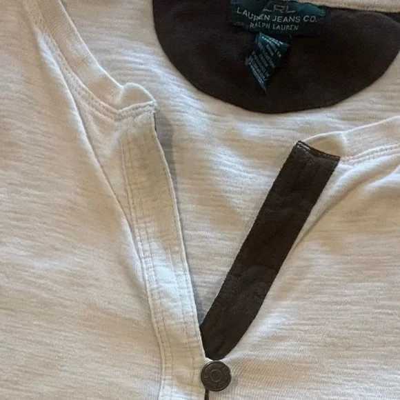 LAUREN RALPH LAUREN Off White Long Sleeve Women’s T-shirt with Brown Suede Med - Picture 9 of 10